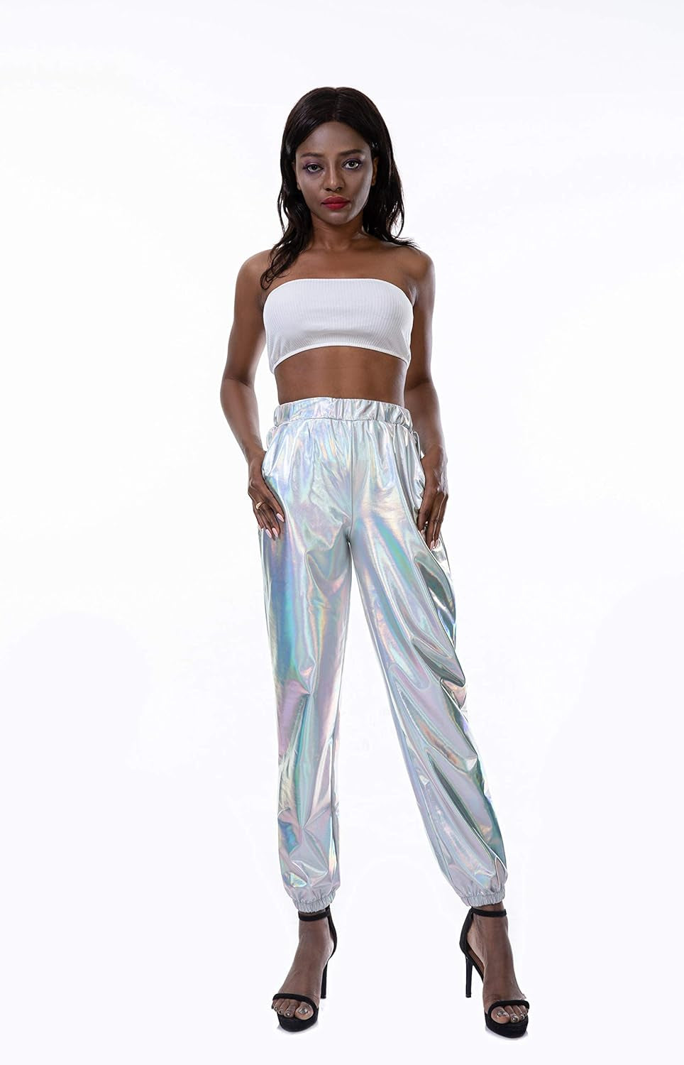 Womens Metallic Shiny Jogger Pants Tapered Pant Holographic Hip Hop Sweatpants with Pockets