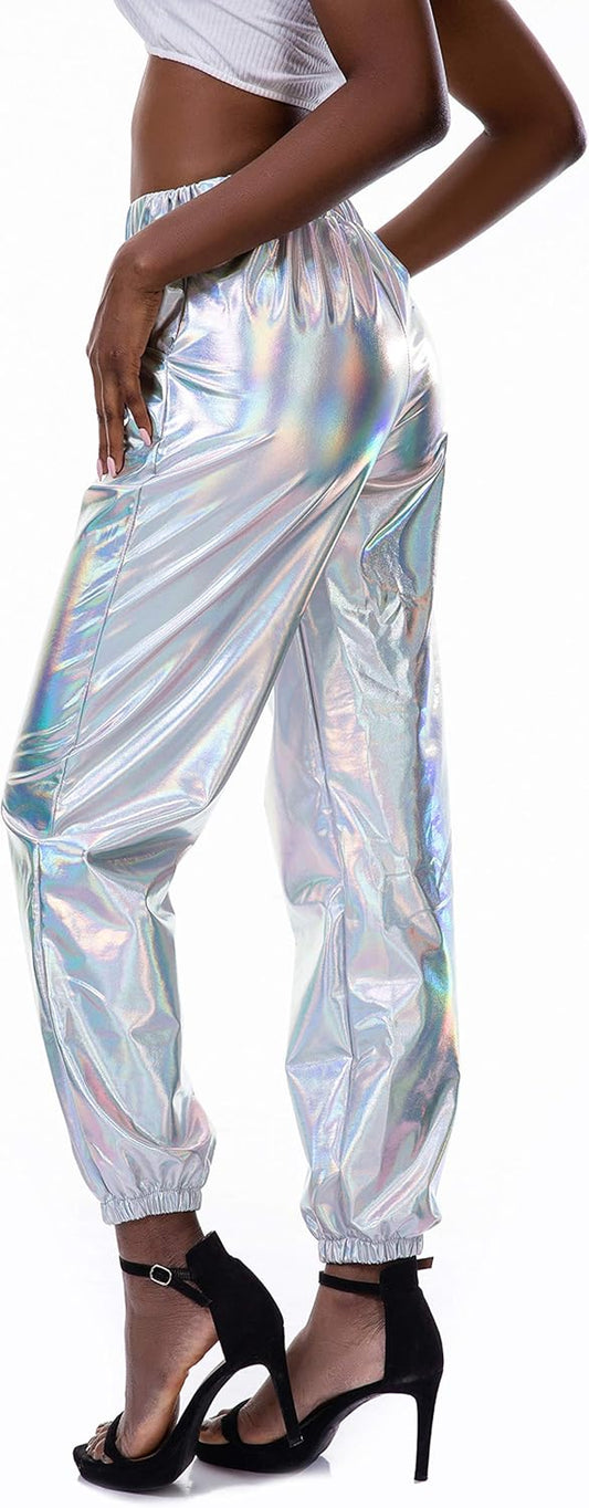 Womens Metallic Shiny Jogger Pants Tapered Pant Holographic Hip Hop Sweatpants with Pockets