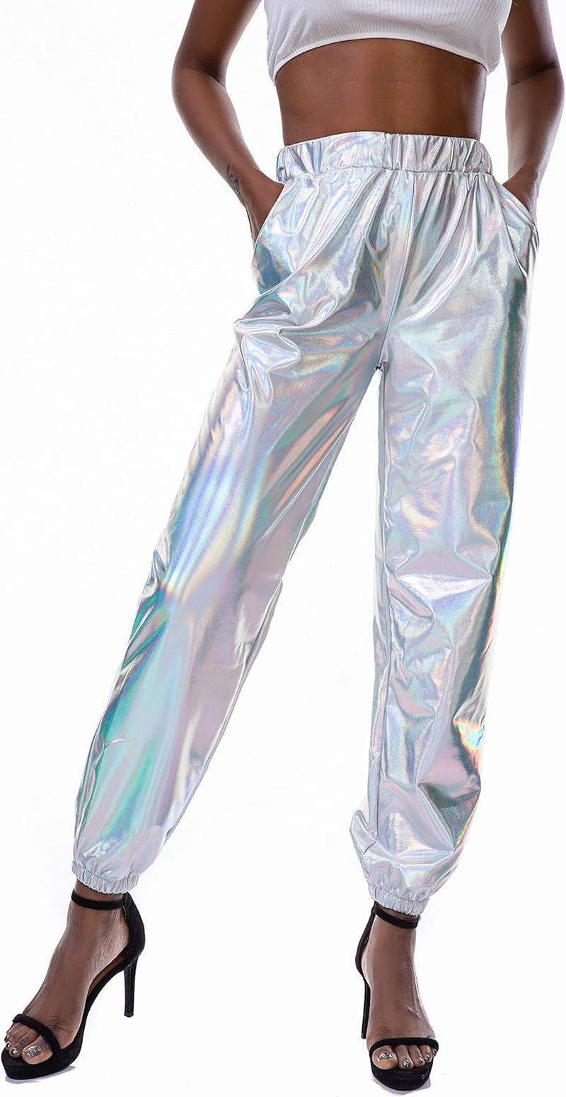 Womens Metallic Shiny Jogger Pants Tapered Pant Holographic Hip Hop Sweatpants with Pockets