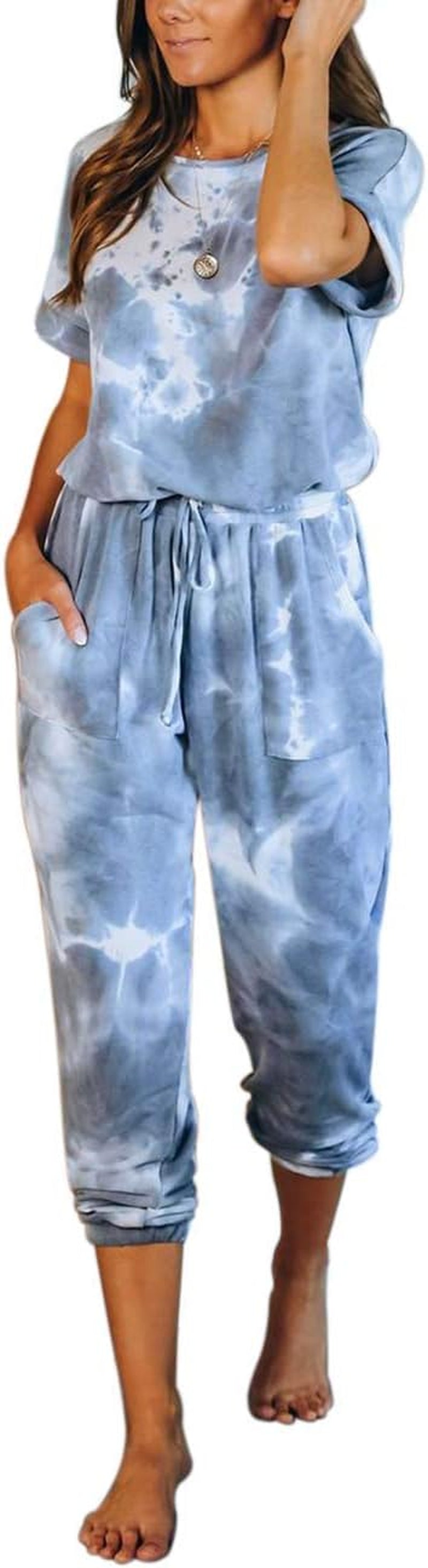 Women Pajamas Set Tie Dye Printed Short Sleeve Shirt and Pants PJ Sets Sleepwear Nightwear Loungewear