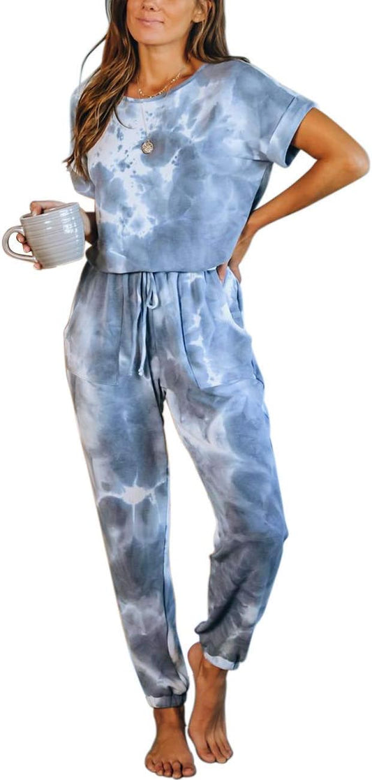 Women Pajamas Set Tie Dye Printed Short Sleeve Shirt and Pants PJ Sets Sleepwear Nightwear Loungewear