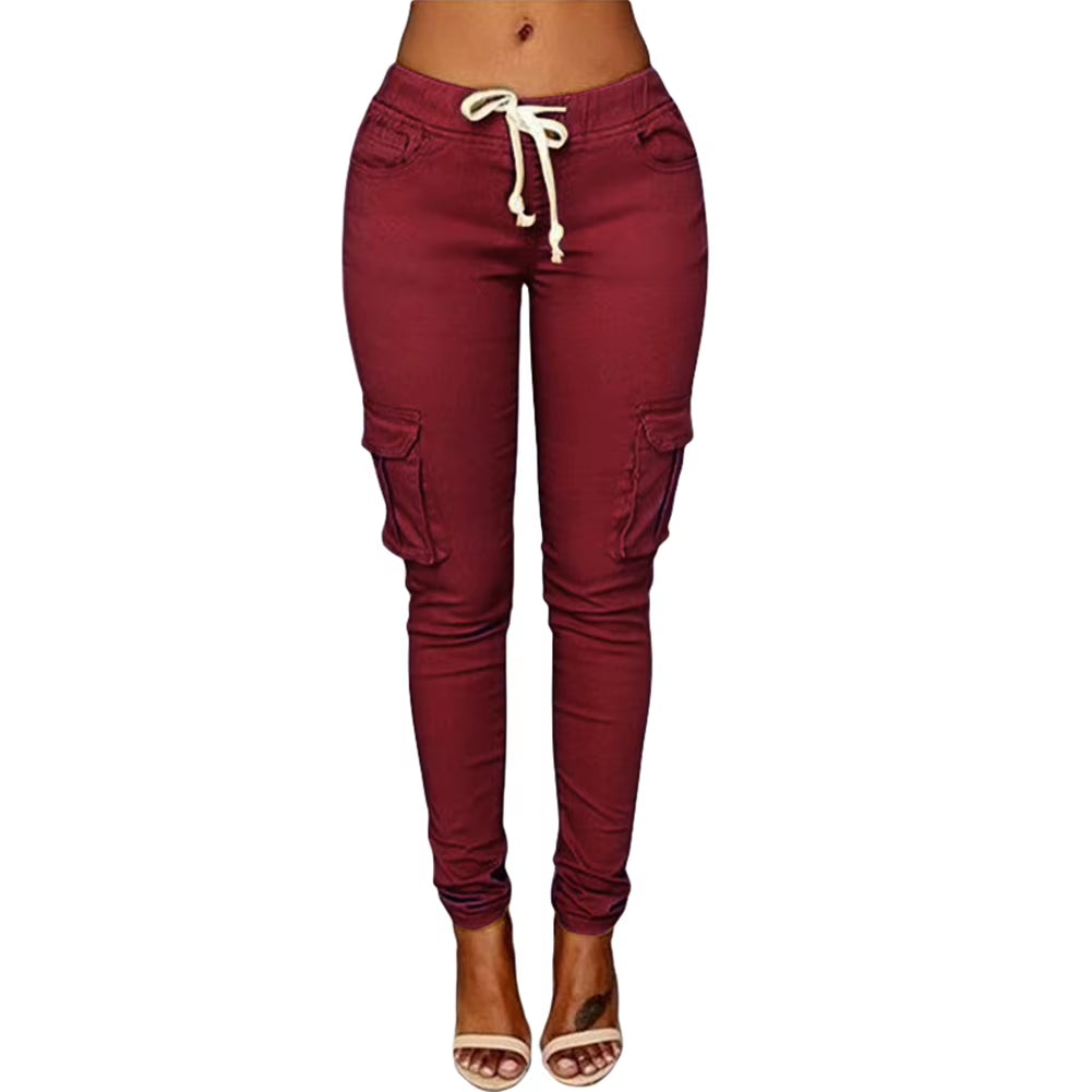 Pants Woman High Waist Pants Solid Skinny Cargo Pants Pockets Drawstring Joggers Trousers Summer Leggings Casual Pencil Pants