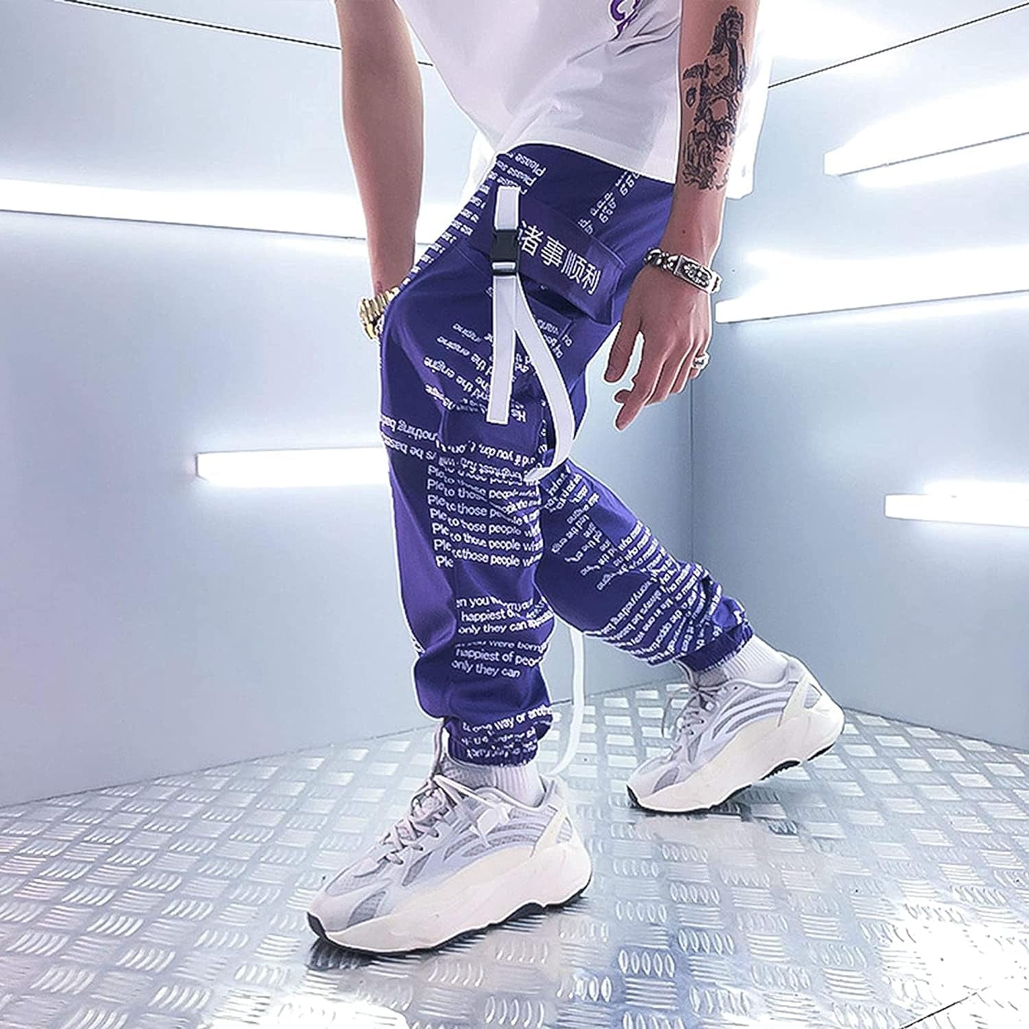 Men'S Japanese Purple Casual Tactical Joggers Hip Hop Trousers Streetwear Techwear Sweatpants Cargo Pants for Men