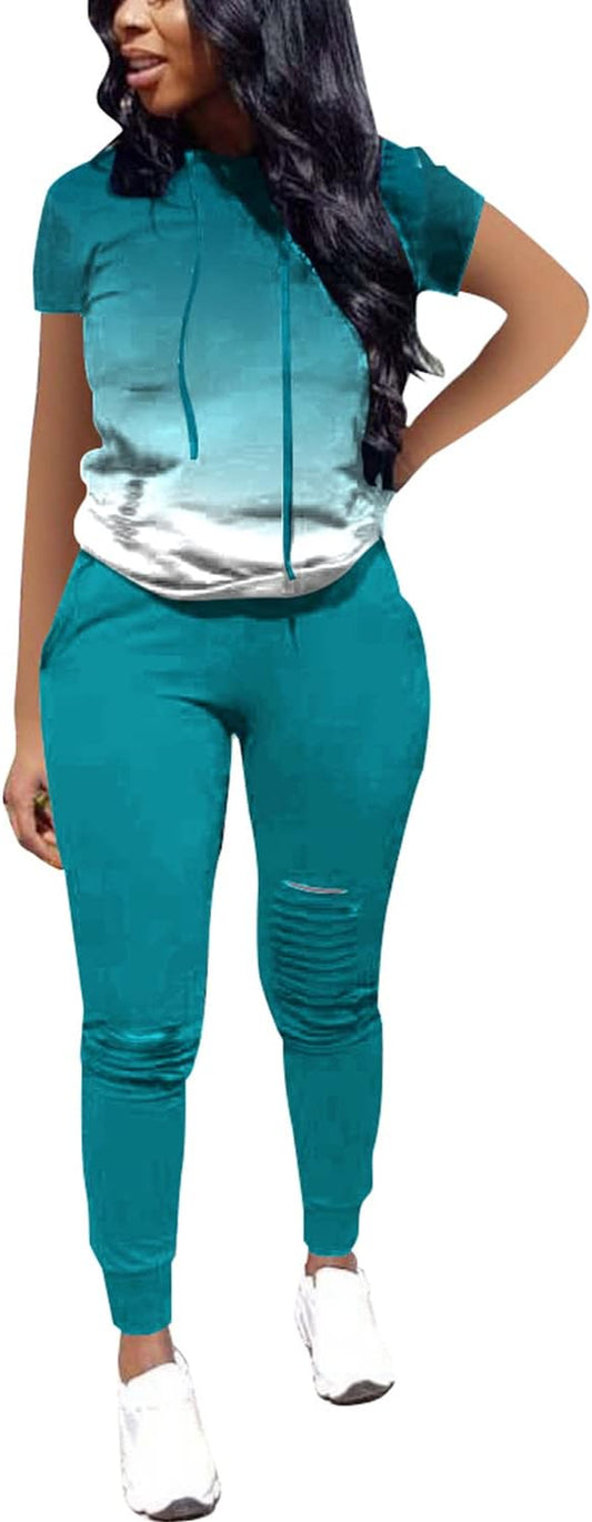 Two Piece Outfits for Women Summer Womens Sweatsuits Sets Jogger Set Short Sleeve Tracksuit Gradient Green S
