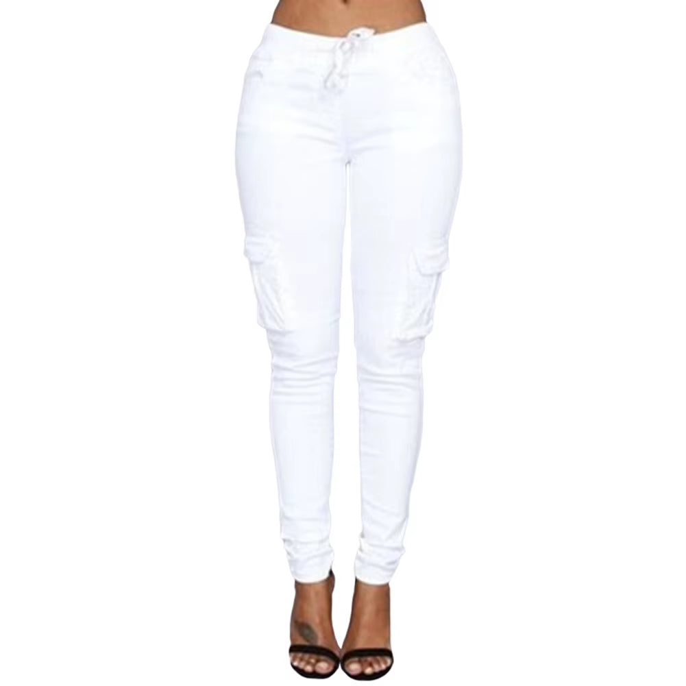 Pants Woman High Waist Pants Solid Skinny Cargo Pants Pockets Drawstring Joggers Trousers Summer Leggings Casual Pencil Pants