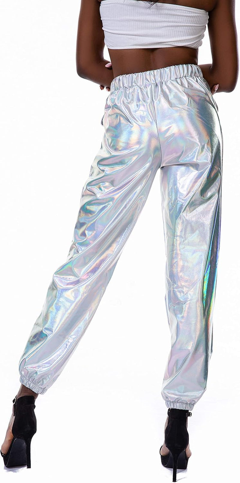 Womens Metallic Shiny Jogger Pants Tapered Pant Holographic Hip Hop Sweatpants with Pockets