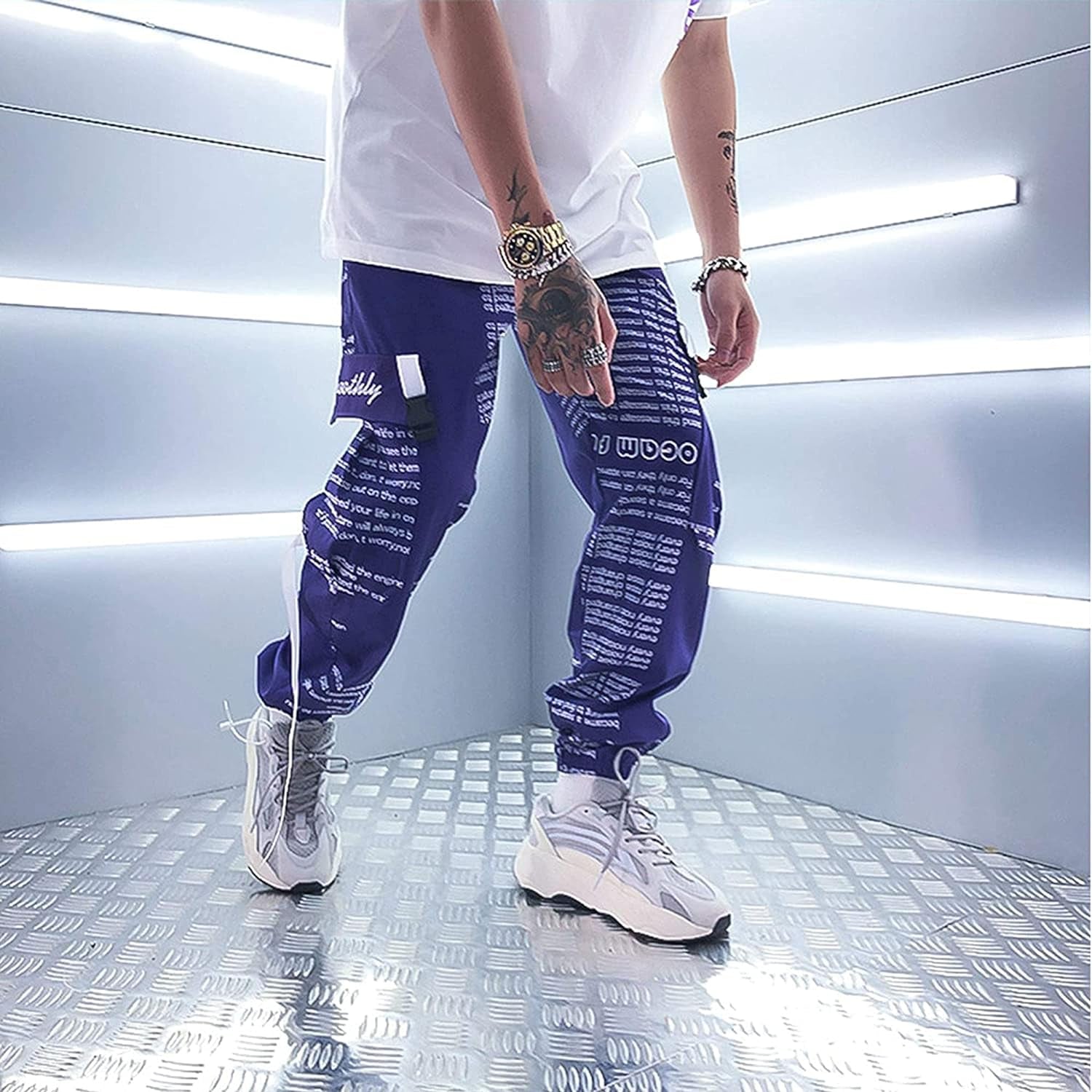 Men'S Japanese Purple Casual Tactical Joggers Hip Hop Trousers Streetwear Techwear Sweatpants Cargo Pants for Men