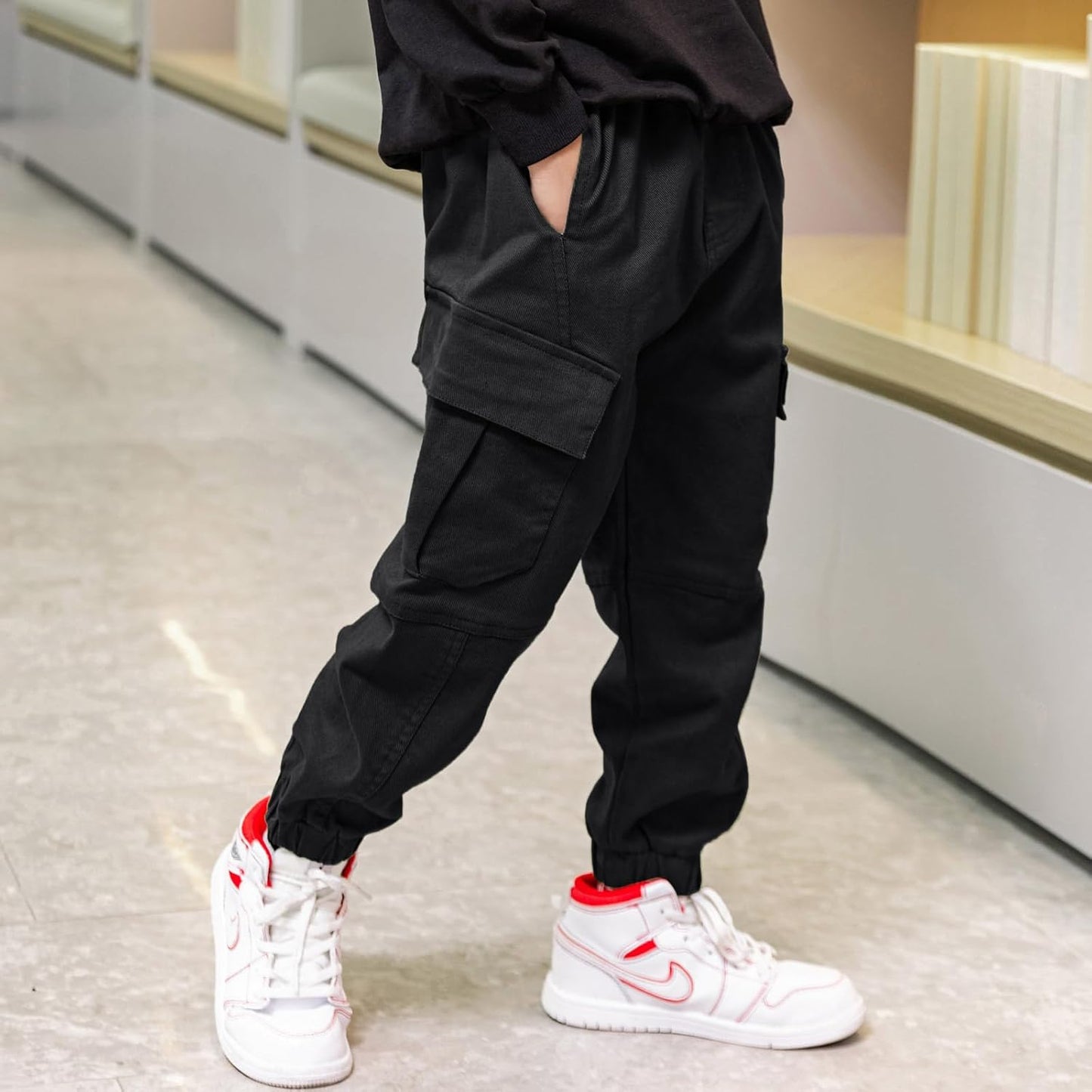 Boys Cargo Pants Cotton Casual Pants Elastic Waist Hiking School Uniform Sweatpants Joggers