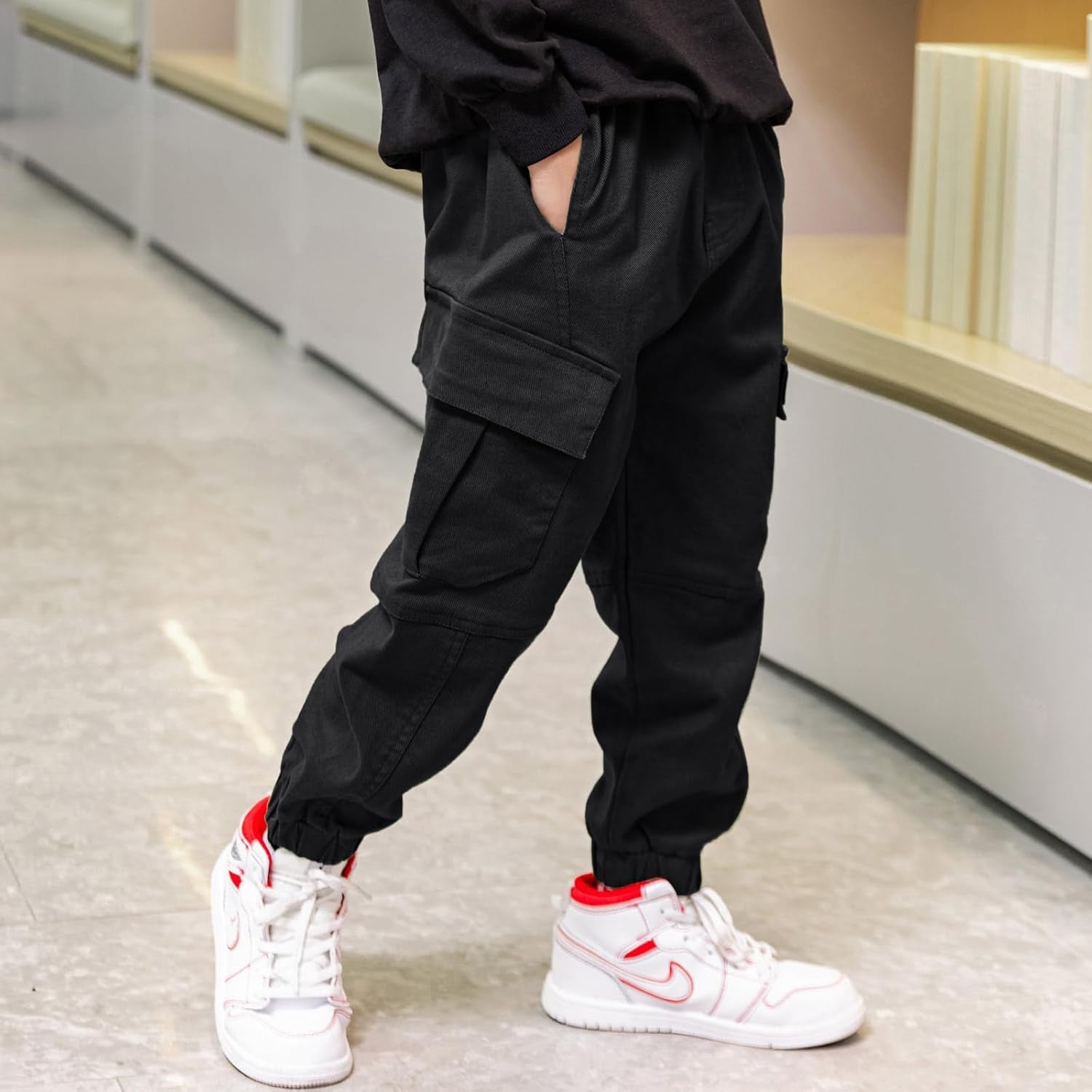 Boys Cargo Pants Cotton Casual Pants Elastic Waist Hiking School Uniform Sweatpants Joggers
