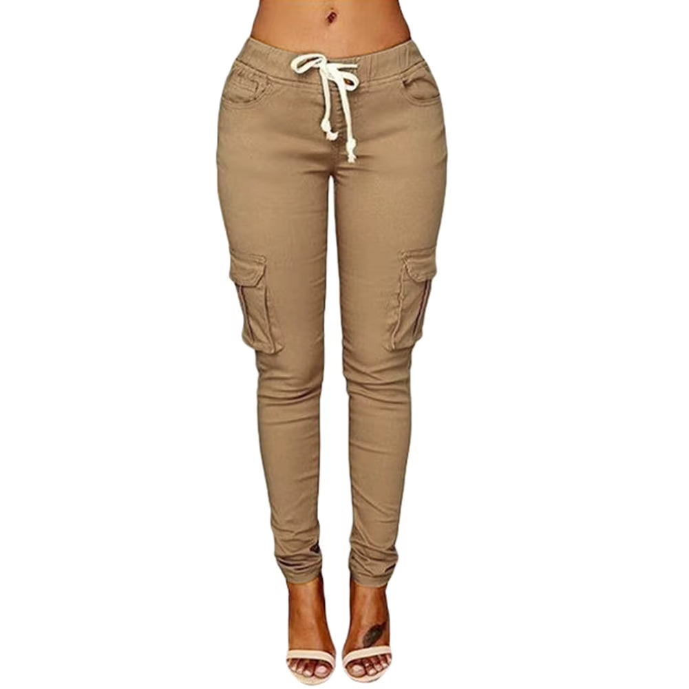 Pants Woman High Waist Pants Solid Skinny Cargo Pants Pockets Drawstring Joggers Trousers Summer Leggings Casual Pencil Pants