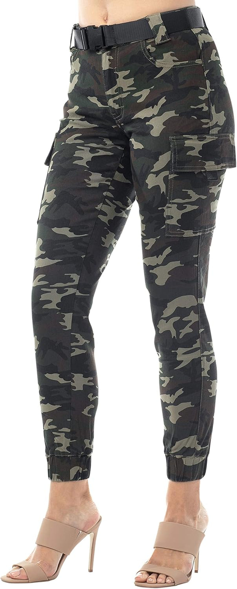 Women’S Juniors Web Belted Cargo Jogger Pant Green Camouflage