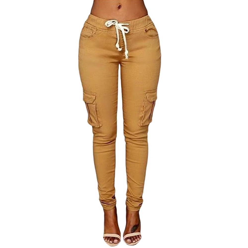 Pants Woman High Waist Pants Solid Skinny Cargo Pants Pockets Drawstring Joggers Trousers Summer Leggings Casual Pencil Pants