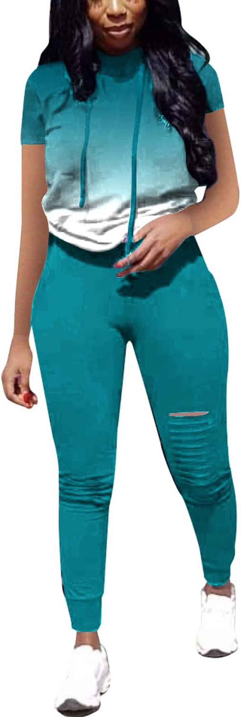 Two Piece Outfits for Women Summer Womens Sweatsuits Sets Jogger Set Short Sleeve Tracksuit Gradient Green S