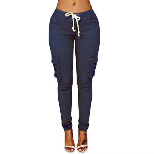 Pants Woman High Waist Pants Solid Skinny Cargo Pants Pockets Drawstring Joggers Trousers Summer Leggings Casual Pencil Pants