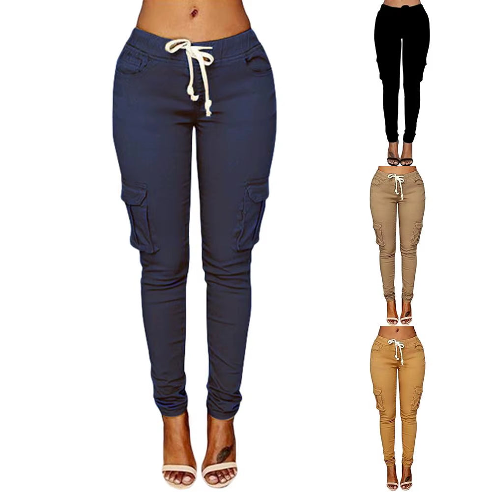 Pants Woman High Waist Pants Solid Skinny Cargo Pants Pockets Drawstring Joggers Trousers Summer Leggings Casual Pencil Pants