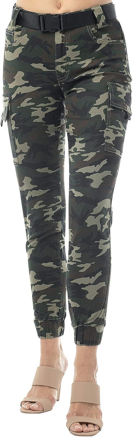 Women’S Juniors Web Belted Cargo Jogger Pant Green Camouflage