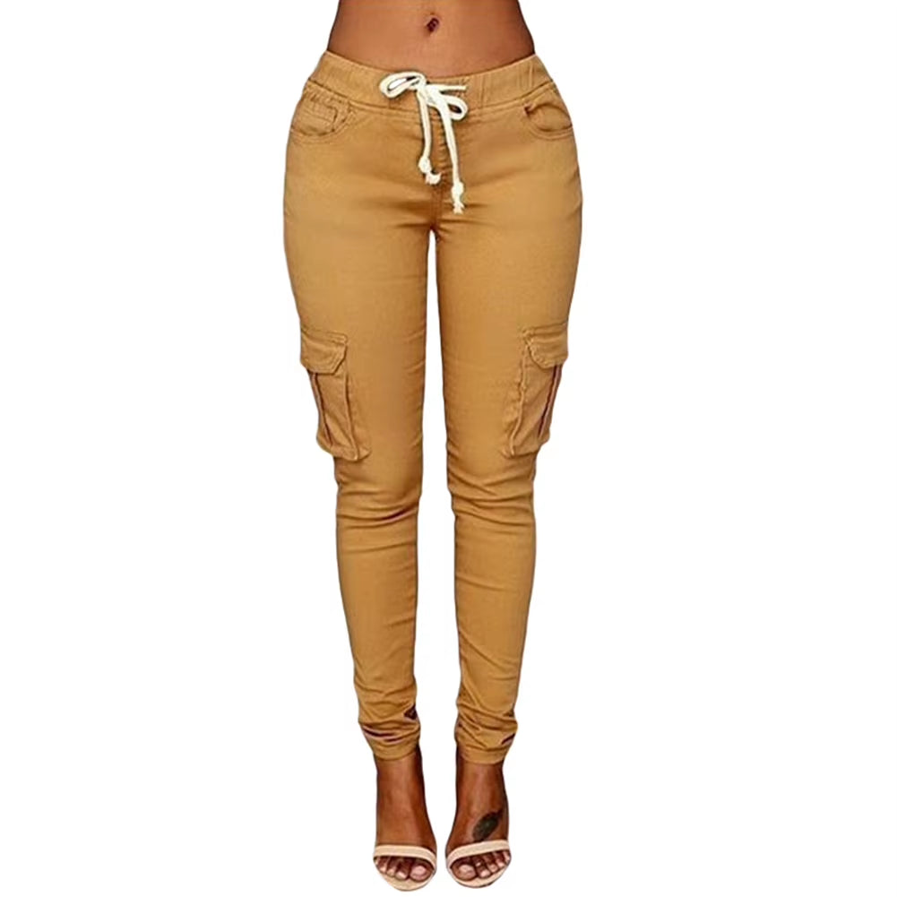 Pants Woman High Waist Pants Solid Skinny Cargo Pants Pockets Drawstring Joggers Trousers Summer Leggings Casual Pencil Pants